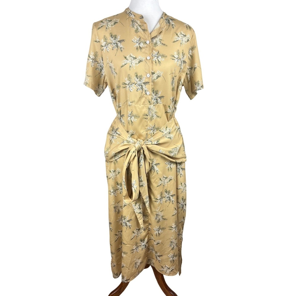 Caara Yellow Floral Tie-Waist Midi Dress Medium Spring Picnic Chic Cottagecore M - Picture 13 of 14
